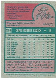1975 Topps #297 Craig Kusick RC back image