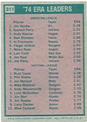 1975 Topps #311 ERA Leaders/Jim Hunter/Buzz Capra back image