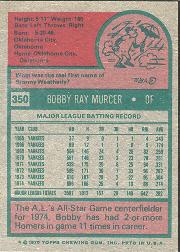 1975 Topps #350 Bobby Murcer back image
