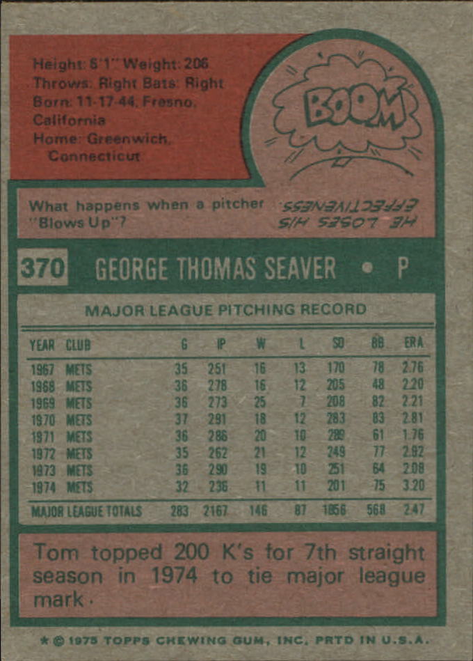 1975 Topps #370 Tom Seaver back image