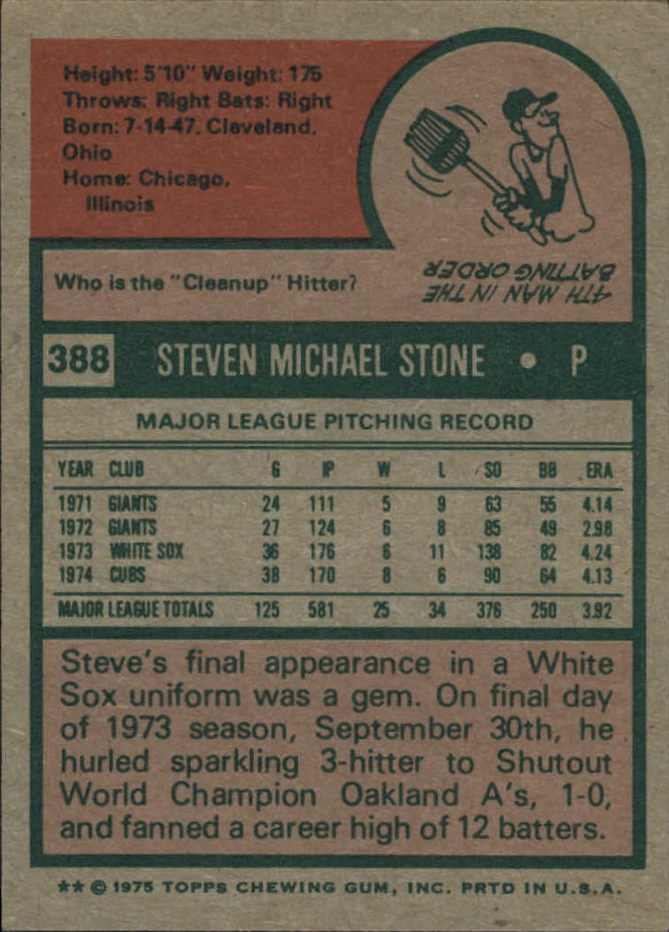 1975 Topps #388 Steve Stone back image