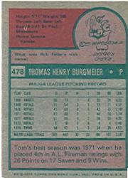 1975 Topps #478 Tom Burgmeier back image