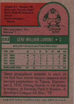 1975 Topps #593 Gene Lamont back image
