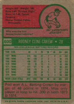 1975 Topps #600 Rod Carew back image