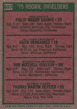 1975 Topps #623 Rookie Infielders/Phil Garner RC/Keith Hernandez RC/(UER Sic, bats right)/Bob Sheldon RC/Tom Veryzer RC back image