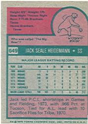 1975 Topps #649 Jack Heidemann back image