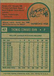 1975 Topps Mini #47 Tommy John back image