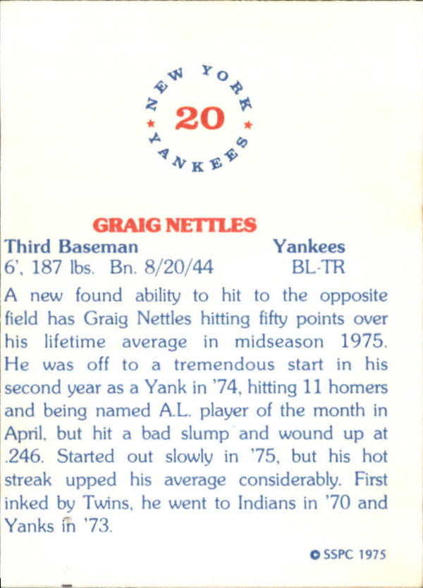 1975 Yankees SSPC #20 Graig Nettles - NM