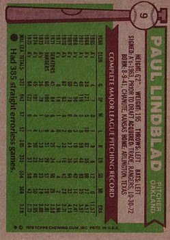 1976 Topps #9 Paul Lindblad back image