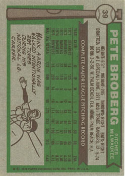 1976 Topps #39 Pete Broberg back image