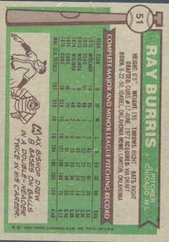 1976 Topps #51 Ray Burris back image