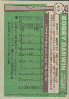 1976 Topps #63 Bobby Darwin back image