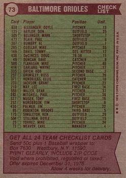 1976 Topps #73 Baltimore Orioles CL/Earl Weaver MG back image