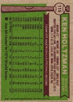 1976 Topps #115 Ken Holtzman back image