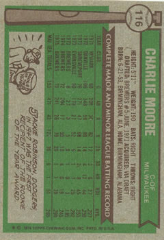 1976 Topps #116 Charlie Moore back image