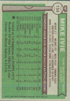 1976 Topps #134 Mike Ivie back image