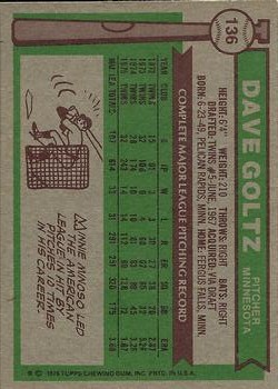 1976 Topps #136 Dave Goltz back image