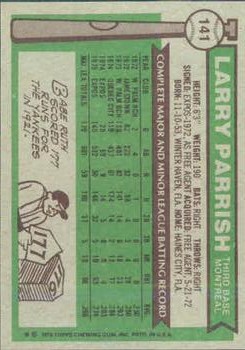 1976 Topps #141 Larry Parrish RC back image