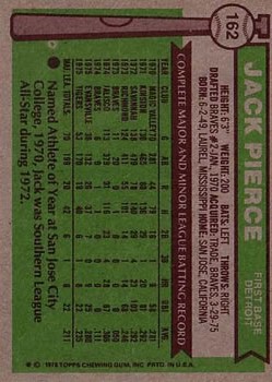 1976 Topps #162 Jack Pierce RC back image