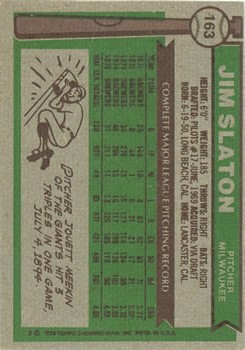 1976 Topps #163 Jim Slaton back image