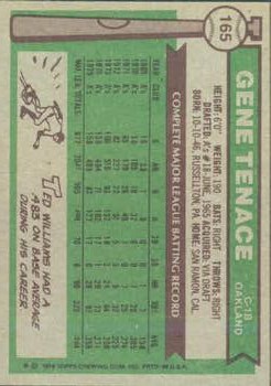1976 Topps #165 Gene Tenace back image