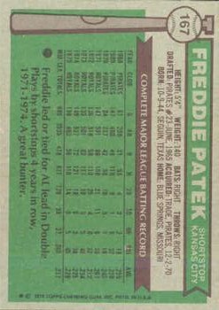1976 Topps #167 Freddie Patek back image