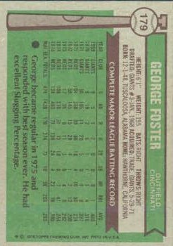 1976 Topps #179 George Foster back image