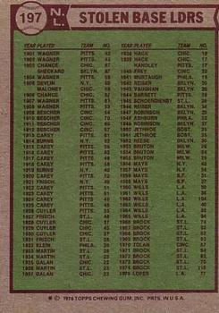 1976 Topps #197 NL Stolen Base Leaders/Dave Lopes/Joe Morgan/Lou Brock back image