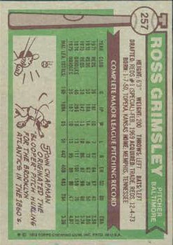 1976 Topps #257 Ross Grimsley back image