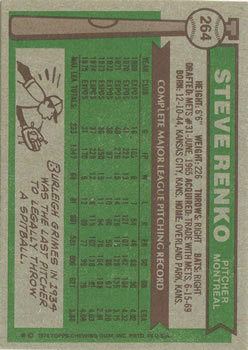1976 Topps #264 Steve Renko back image