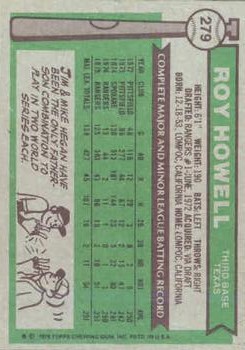 1976 Topps #279 Roy Howell RC back image