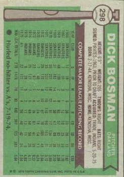 1976 Topps #298 Dick Bosman back image
