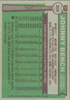 1976 Topps #300 Johnny Bench back image