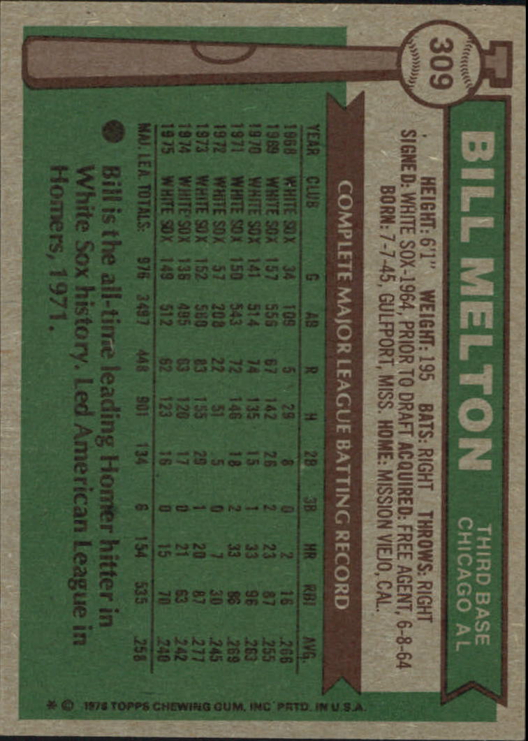1976 Topps #309 Bill Melton back image