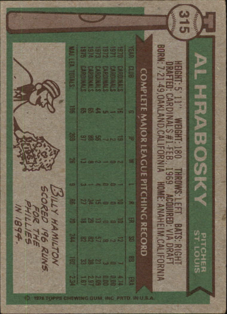 1976 Topps #315 Al Hrabosky back image