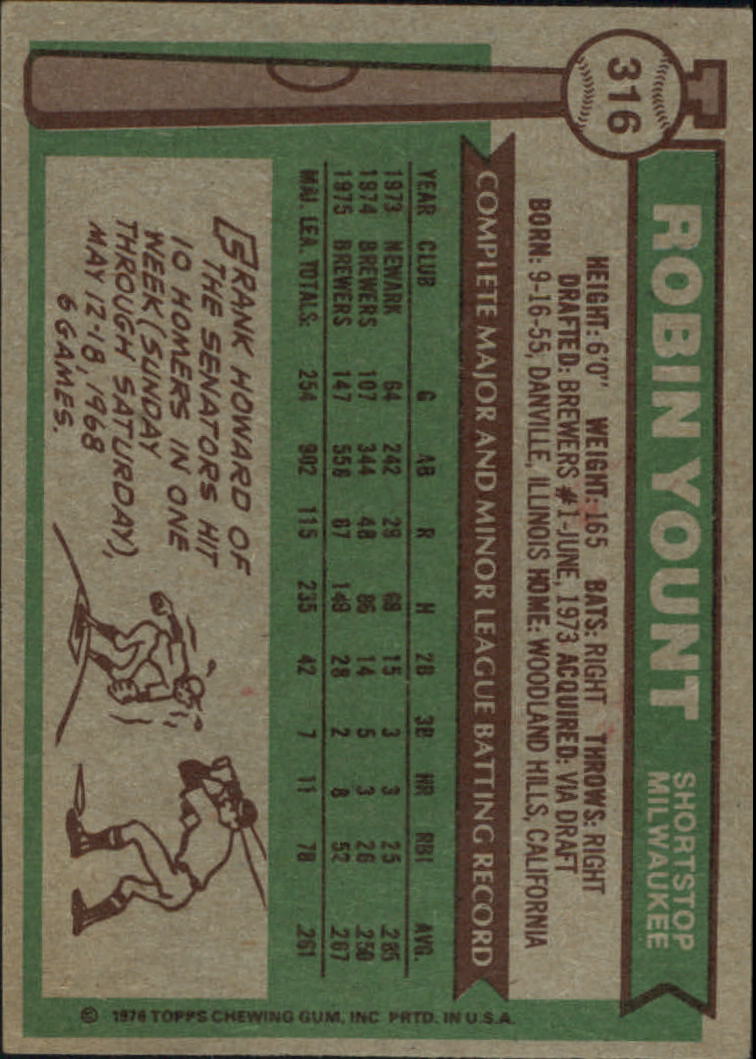  1976 Topps #316 Robin Yount EX++ Excellent++ Milwaukee Brewers  Baseball : Collectibles & Fine Art