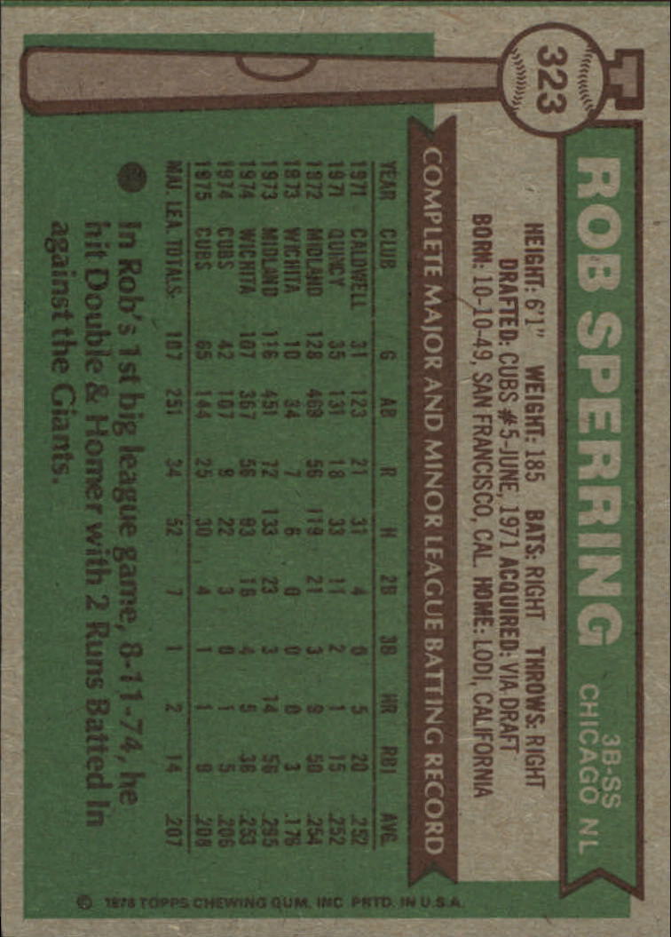 1976 Topps #323 Rob Sperring RC back image