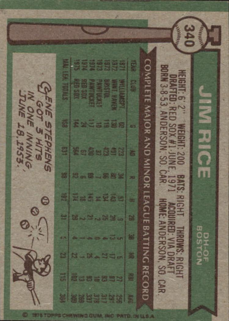 1976 Topps #340 Jim Rice back image