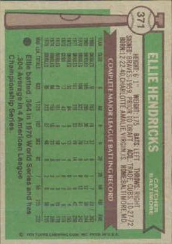 1976 Topps #371 Elrod Hendricks back image