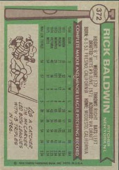 1976 Topps #372 Rick Baldwin RC back image