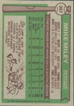 1976 Topps #387 Mike Miley RC back image
