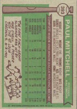 1976 Topps #393 Paul Mitchell RC back image