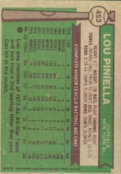 1976 Topps #453 Lou Piniella back image