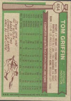 1976 Topps #454 Tom Griffin back image
