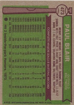 1976 Topps #473 Paul Blair back image