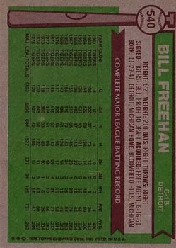 1976 Topps #540 Bill Freehan back image