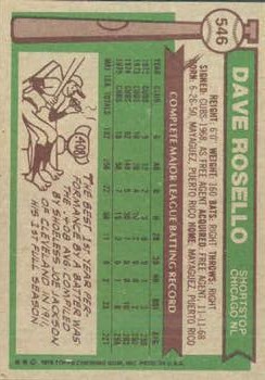 1976 Topps #546 Dave Rosello back image