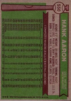 1976 Topps #550 Hank Aaron back image