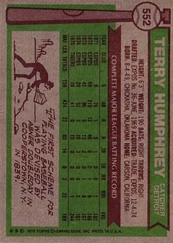 1976 Topps #552 Terry Humphrey back image