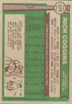 1976 Topps #572 Rich Coggins back image